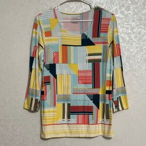 Investments Essentials Top Abstract Geometric Print 3/4 Sleeve Yellow Blue Red M